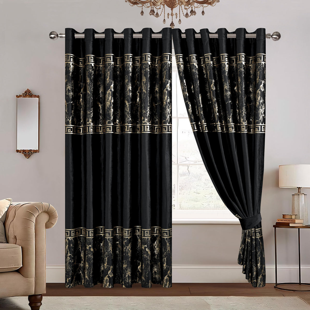 Luxury Greek Key Velvet Curtains – Pair