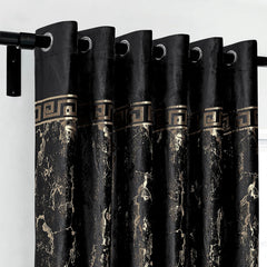 Opulent Dreams Greek Key Velvet Curtain Pair - Heavyweight with Luxury Foil Print - Room Darkening Eyelet - Fully Lined for Thermal Insulation, Includes Two Tiebacks