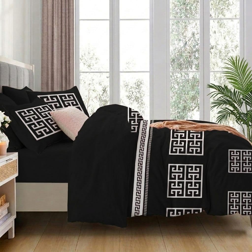 Opulent Living Luxury Greek Key Bedding Set – Geometric Duvet Cover, Fitted Sheet & Pillowcases, Soft Microfibre Bedding Collection