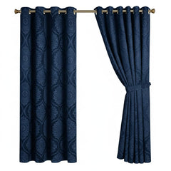 Damask Print Curtains Navy – Room Darkening, Thermal Eyelet Curtains with Tie Backs