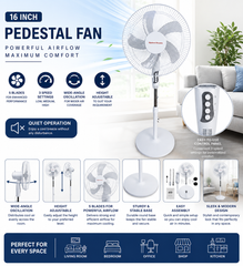 Opulent Dreams 16-Inch Pedestal Fan - Superior Cooling with 3-Speed Settings - 5 Blades - Push Button Control - High Velocity - Height Adjustable - Wide-Angle Oscillation