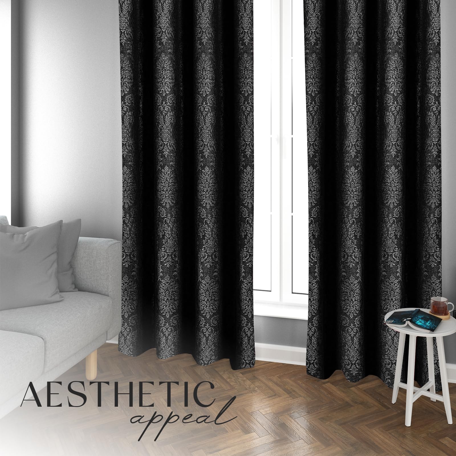 OpulentDreams Embossed Woven Thermal Insulated Curtains - Room Darkening Ring-Top Window Curtains for Bedroom & Living Room - Includes Two Tie Backs - Pair of Panels - Opulent Dreams