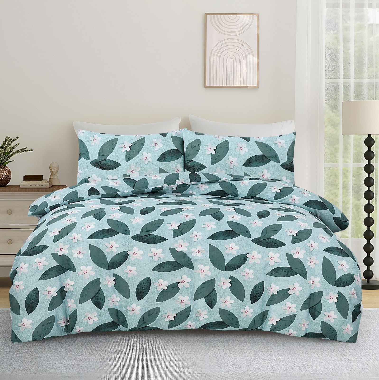 Opulent Living Duvet Cover Set With Fitted Sheet & Pillowcases,4 Piece Microfiber Soft Breathable Bedding Set, Machine Washable, Wrinkle Resistant, Single Double, King – Leafy