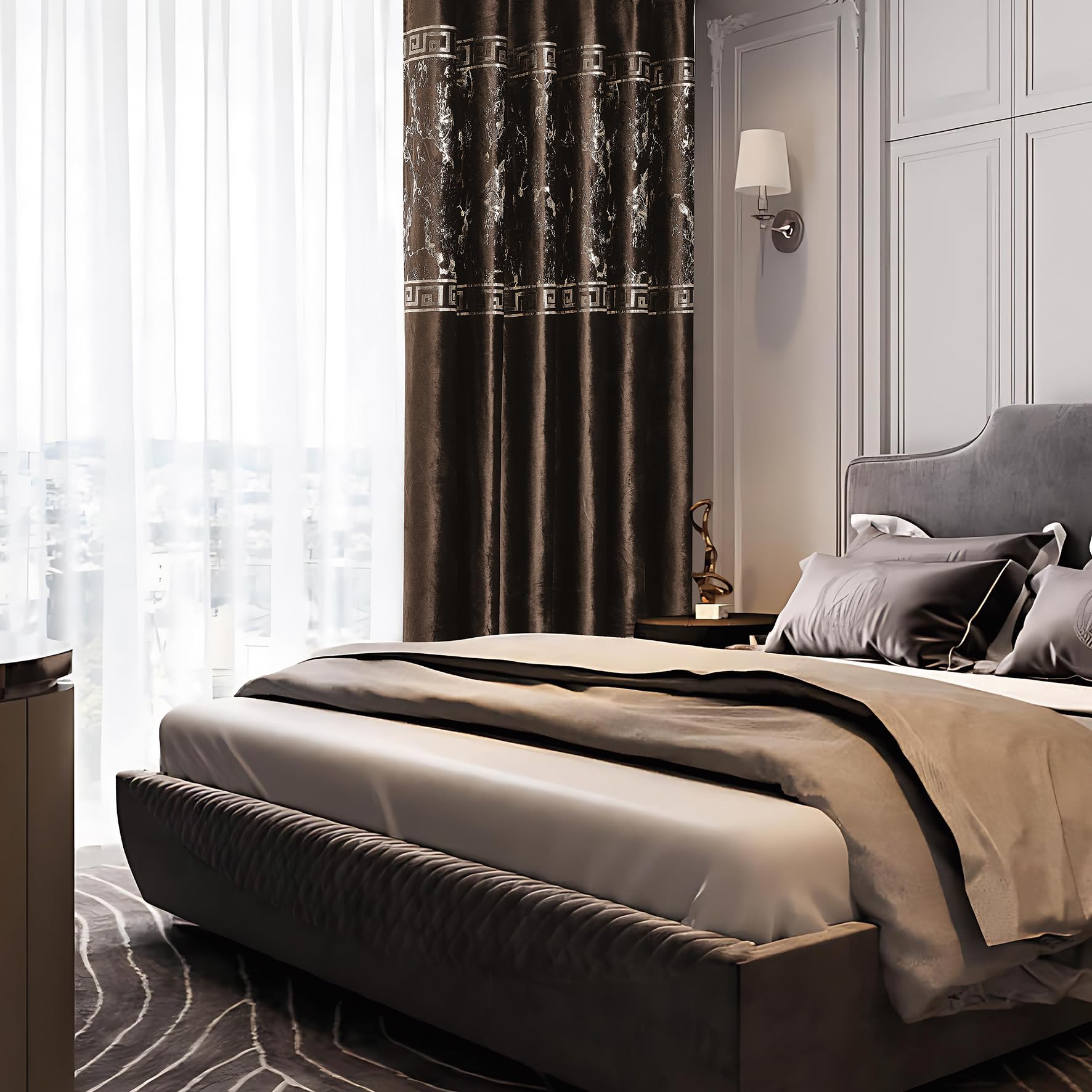 Luxury Greek Key Velvet Curtains – Pair
