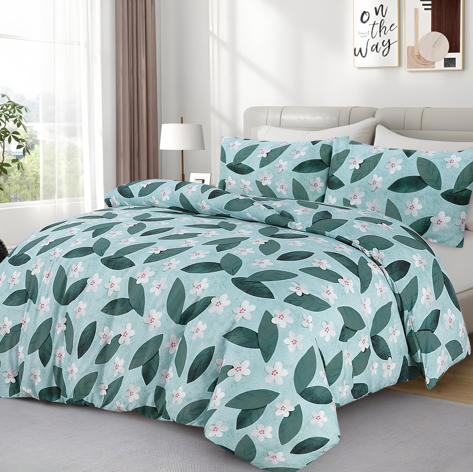 Opulent Living Duvet Cover Set With Fitted Sheet & Pillowcases,4 Piece Microfiber Soft Breathable Bedding Set, Machine Washable, Wrinkle Resistant, Single Double, King – Leafy