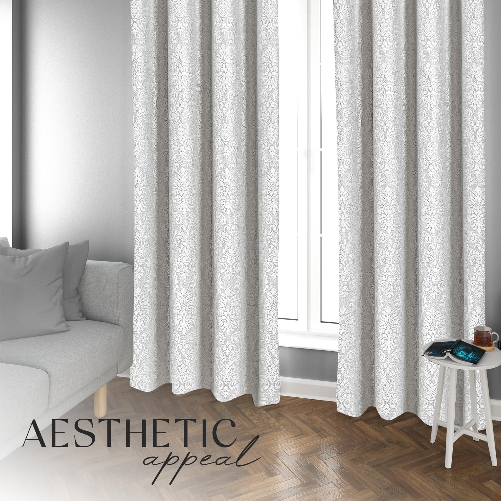 OpulentDreams Embossed Woven Thermal Insulated Curtains - Room Darkening Ring-Top Window Curtains for Bedroom & Living Room - Includes Two Tie Backs - Pair of Panels - Opulent Dreams