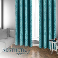 Embossed Woven Thermal Curtains Teal – Room Darkening Eyelet Curtains with Tie Backs