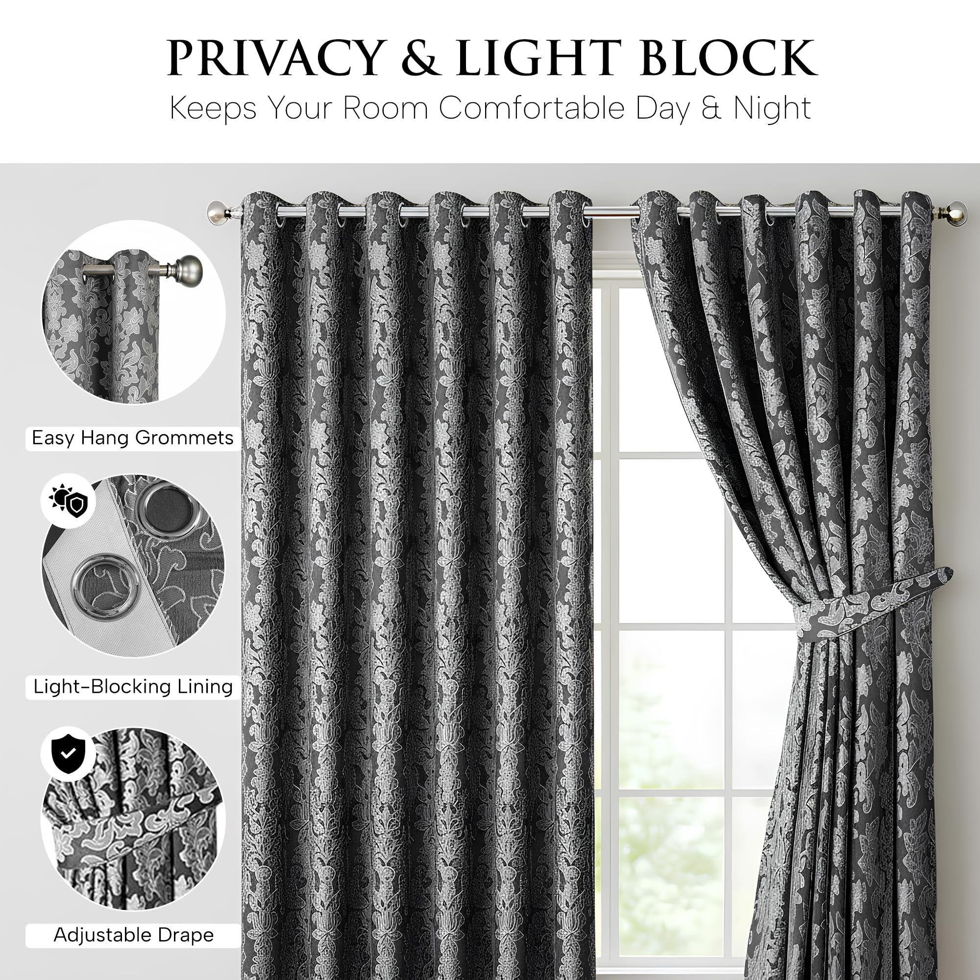 OpulentDreams Jacquard Curtains - Heavy Ring Top Window Curtains for Bedroom & Living Room - Fully Lined - Includes Two Tie Backs - Pair of Panels - Opulent Dreams