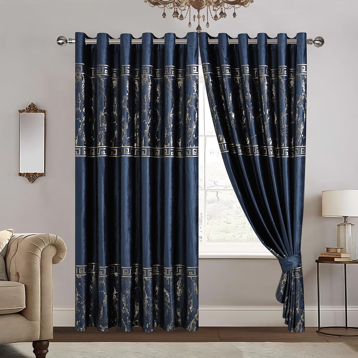 Luxury Greek Key Velvet Curtains – Pair