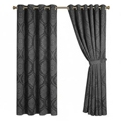 Damask Print Curtains Grey – Room Darkening, Thermal Eyelet Curtains with Tie Backs