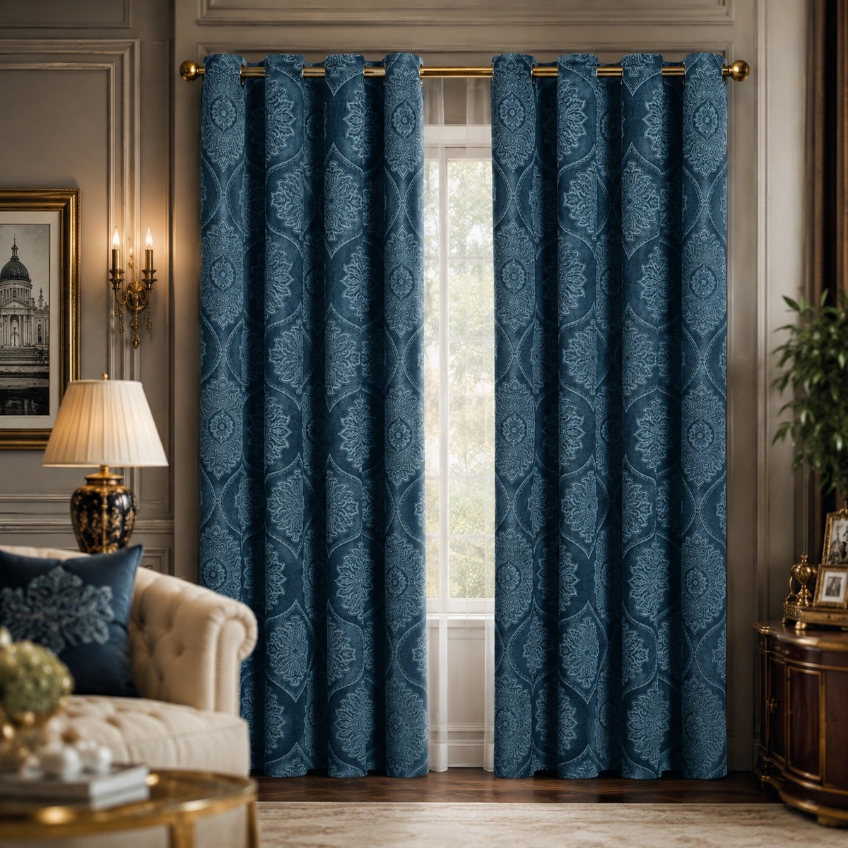 Royal Damask Luxury Blackout Curtains – Cream