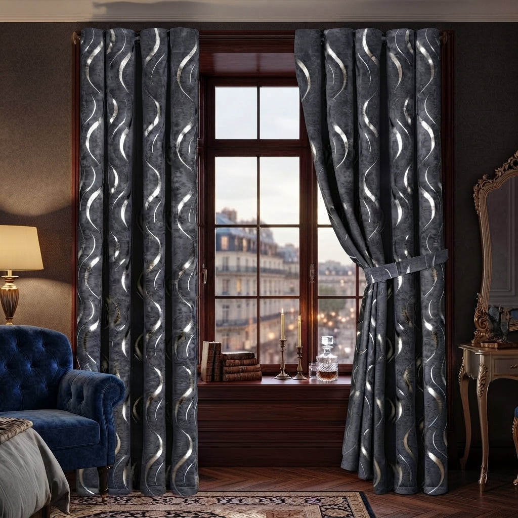 Lustrous Foil Print Luxury Blackout Curtains