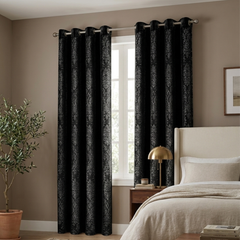 Embossed Woven Thermal Curtains Black – Room Darkening Eyelet Curtains with Tie Backs
