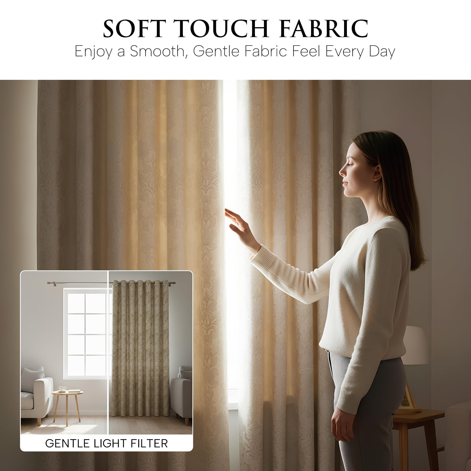OpulentDreams Jacquard Curtains - Heavy Ring Top Window Curtains for Bedroom & Living Room - Fully Lined - Includes Two Tie Backs - Pair of Panels - Opulent Dreams