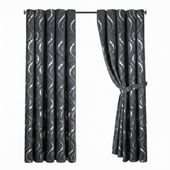 Silver Wave Foil Print Curtains Grey – Room Darkening, Thermal Eyelet Curtains with Tie Backs