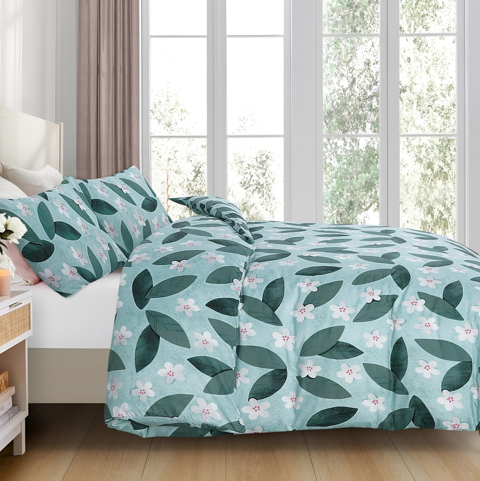Opulent Living Duvet Cover Set With Fitted Sheet & Pillowcases,4 Piece Microfiber Soft Breathable Bedding Set, Machine Washable, Wrinkle Resistant, Single Double, King – Leafy