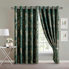 Abstract Metallic Velvet Curtains Green Emerald – Foil Print, Fully Lined & Room Darkening