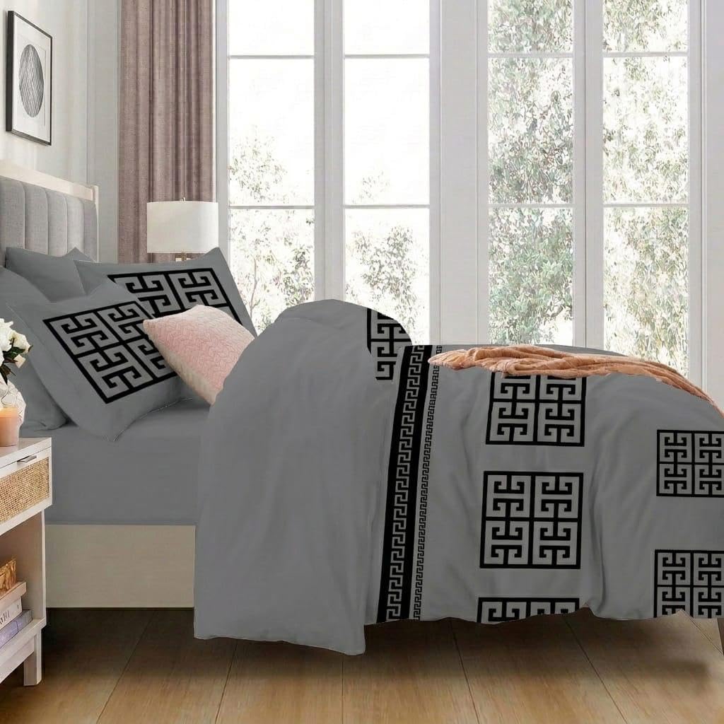 Opulent Living Luxury Greek Key Bedding Set – Geometric Duvet Cover, Fitted Sheet & Pillowcases, Soft Microfibre Bedding Collection