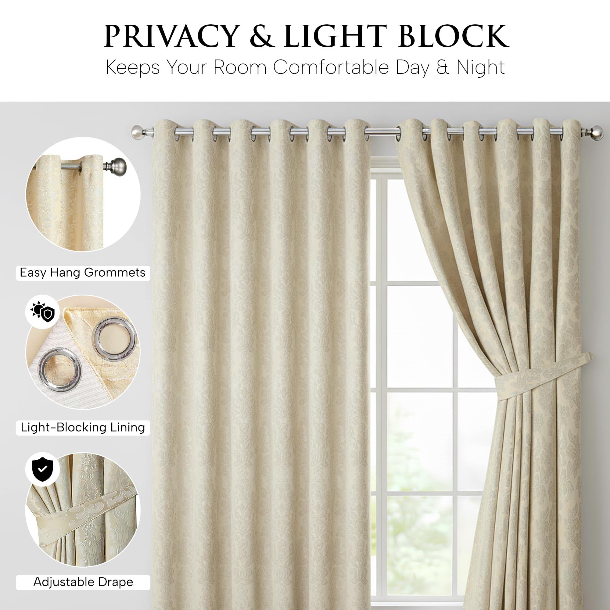 OpulentDreams Jacquard Curtains - Heavy Ring Top Window Curtains for Bedroom & Living Room - Fully Lined - Includes Two Tie Backs - Pair of Panels - Opulent Dreams