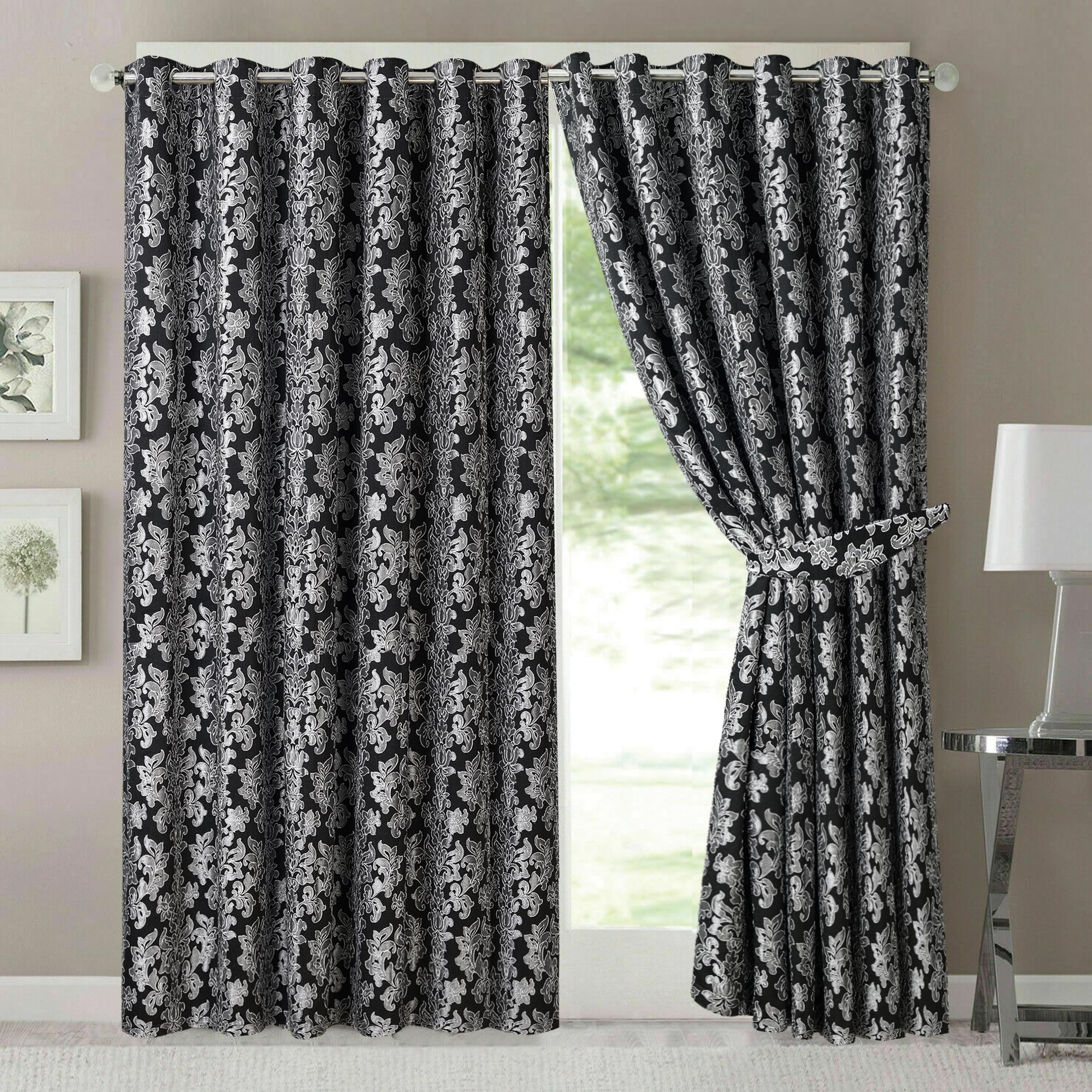 OpulentDreams Jacquard Curtains - Heavy Ring Top Window Curtains for Bedroom & Living Room - Fully Lined - Includes Two Tie Backs - Pair of Panels - Opulent Dreams