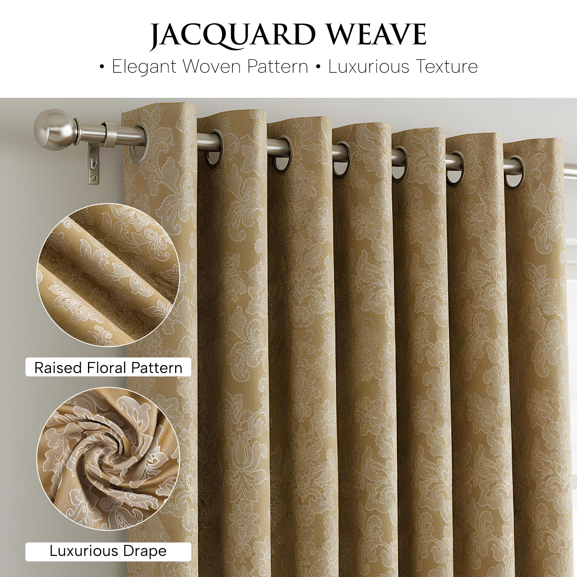 OpulentDreams Jacquard Curtains - Heavy Ring Top Window Curtains for Bedroom & Living Room - Fully Lined - Includes Two Tie Backs - Pair of Panels - Opulent Dreams