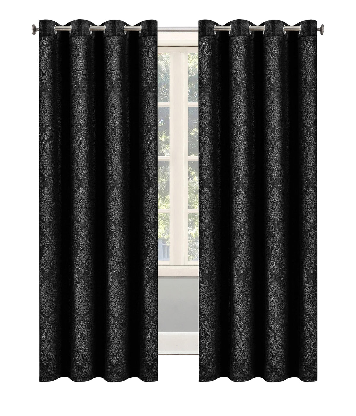 Embossed Woven Thermal Curtains Black – Room Darkening Eyelet Curtains with Tie Backs