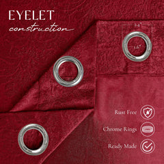 Embossed Woven Thermal Curtains Red – Room Darkening Eyelet Curtains with Tie Backs