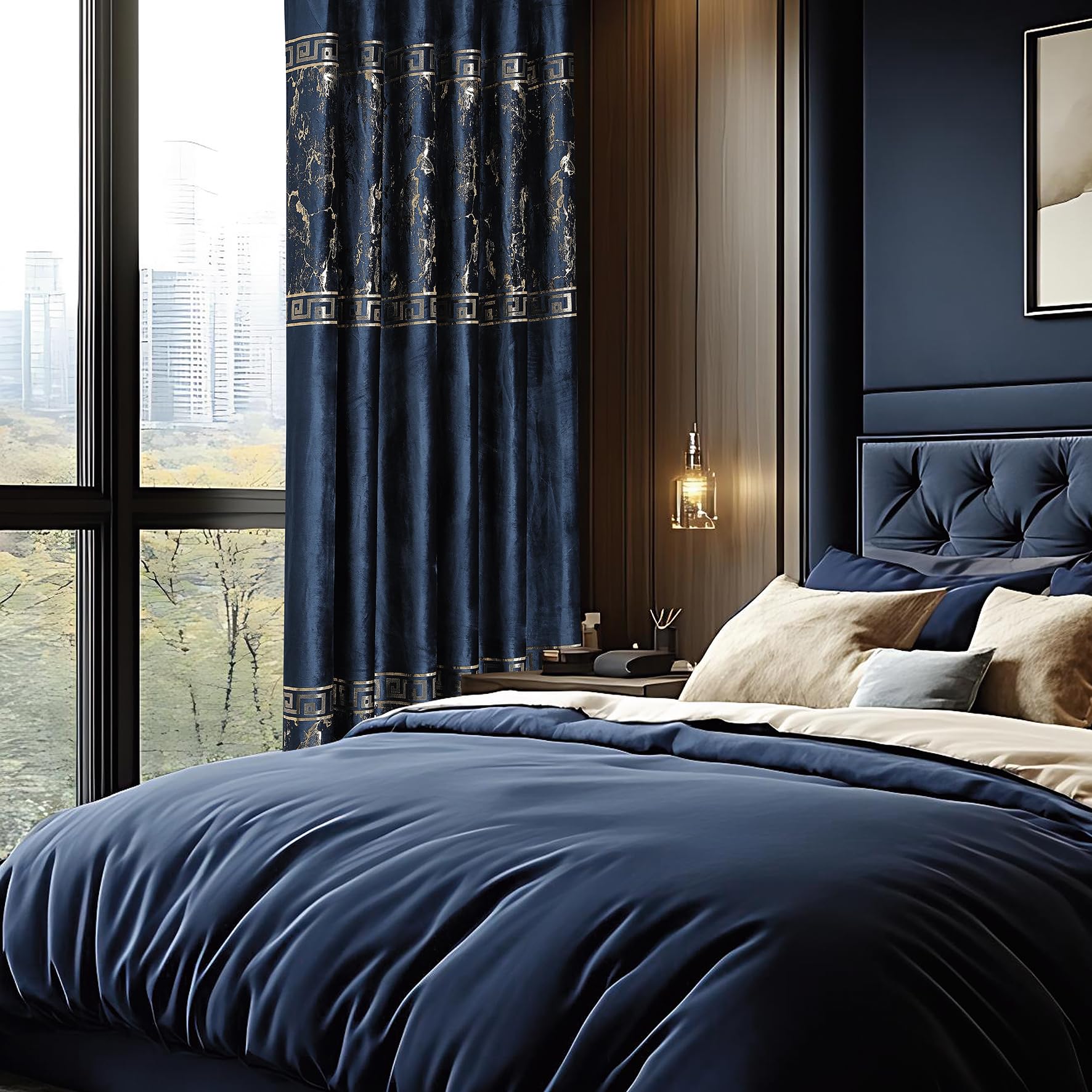 Luxury Greek Key Velvet Curtains – Pair