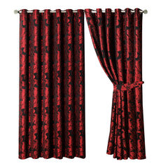 Jacquard Curtains Red – Fully Lined Ring Top Curtains with Tie Backs
