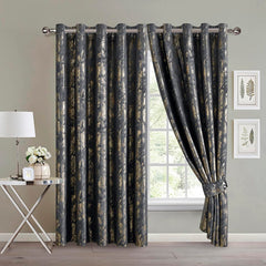 Abstract Metallic Velvet Curtains Charcoal – Foil Print, Fully Lined & Room Darkening