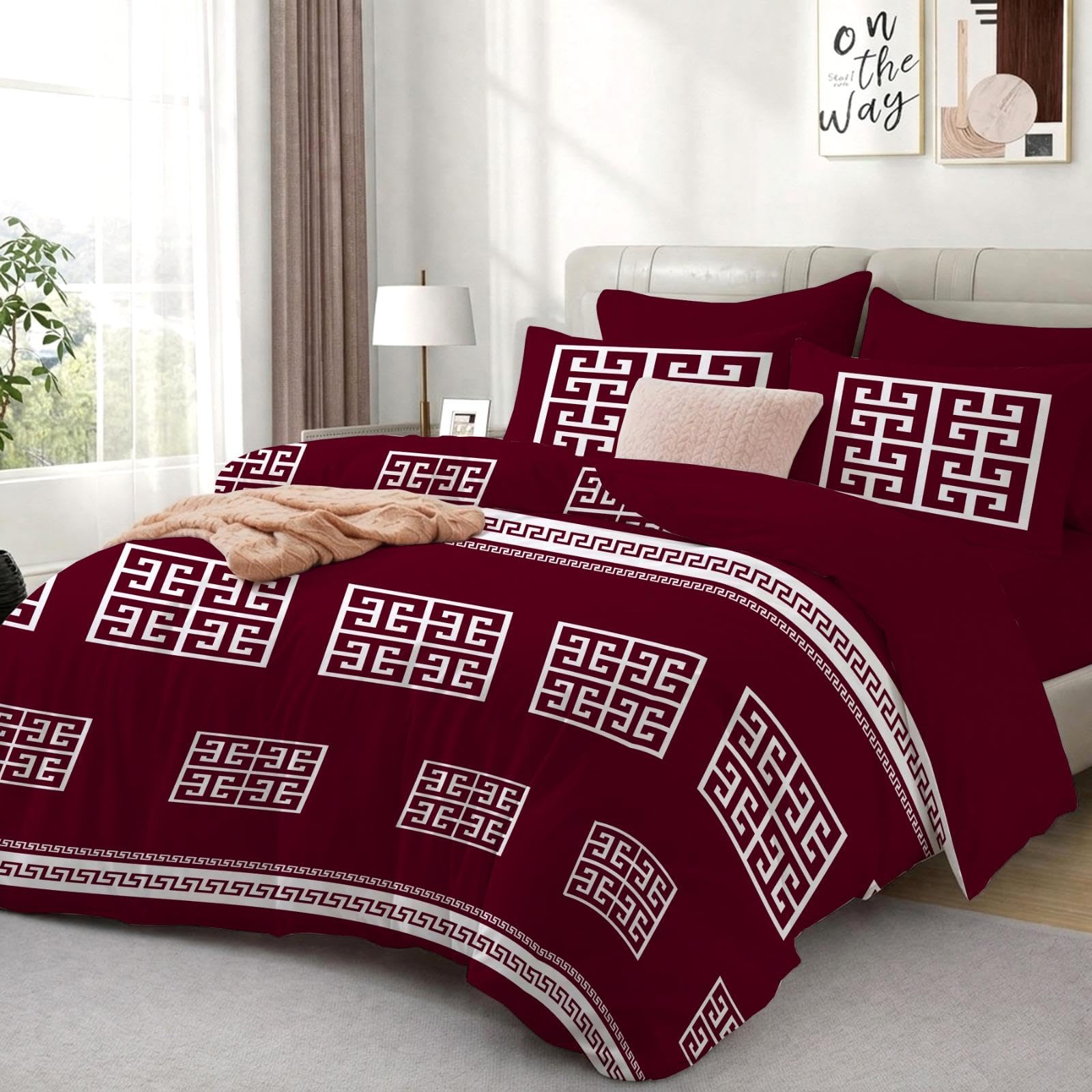 Opulent Living Luxury Greek Key Bedding Set – Geometric Duvet Cover, Fitted Sheet & Pillowcases, Soft Microfibre Bedding Collection