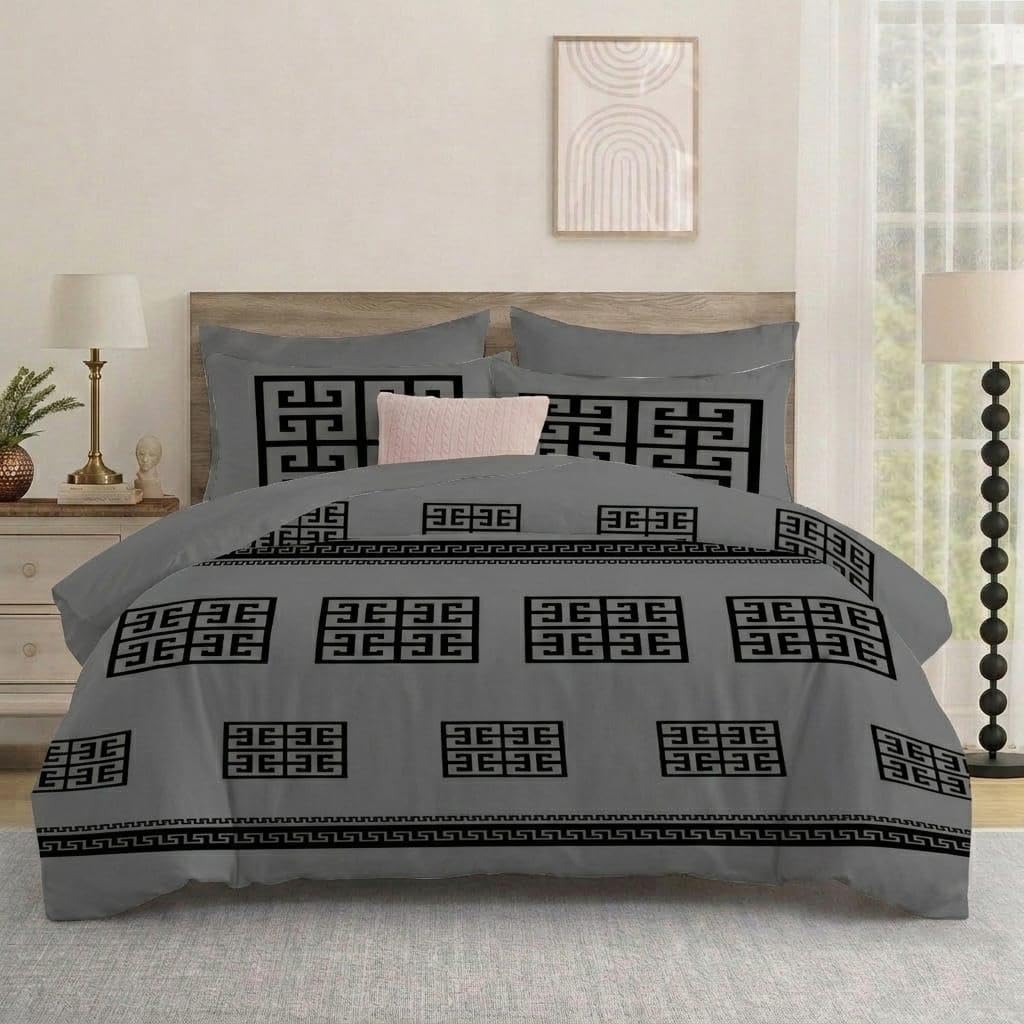 Opulent Living Luxury Greek Key Bedding Set – Geometric Duvet Cover, Fitted Sheet & Pillowcases, Soft Microfibre Bedding Collection