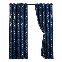 Silver Wave Foil Print Curtains Navy – Room Darkening, Thermal Eyelet Curtains with Tie Backs